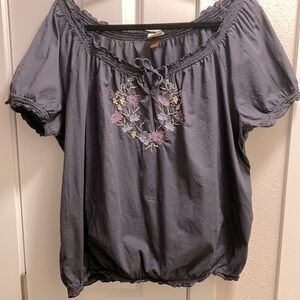Sonoma  Embroidered Blouse Tie Neck Elastic Arms and Bottom Hem Size 1X